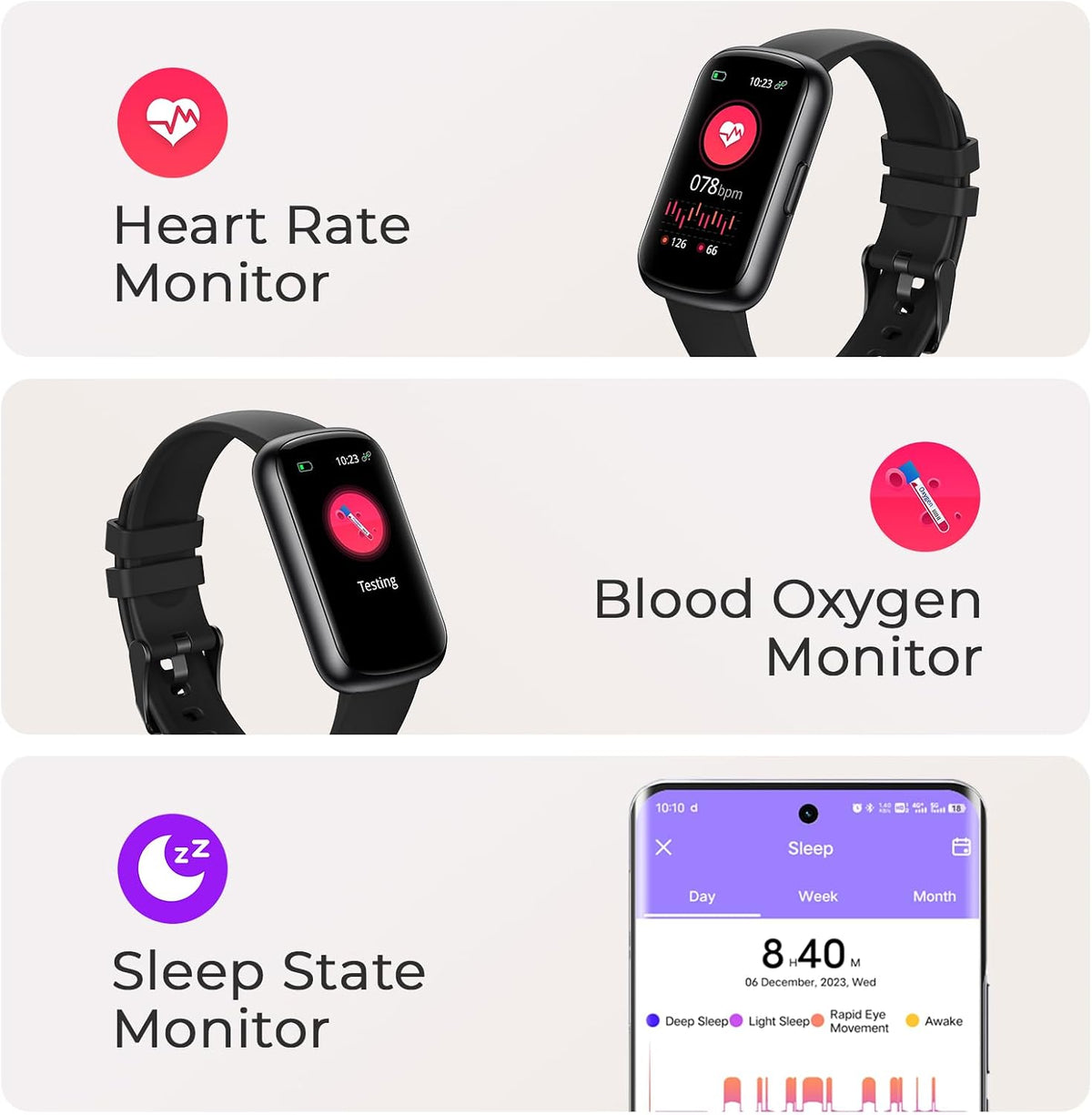 Fitness Tracker with 24/7 Heart Rate, Sleep Tracker, 3ATM Waterproof Fitness Watch/Activity Tracker/Pedometer, Smart Watch for Women Men with Calorie/Step Counter for Android & Ios, Black