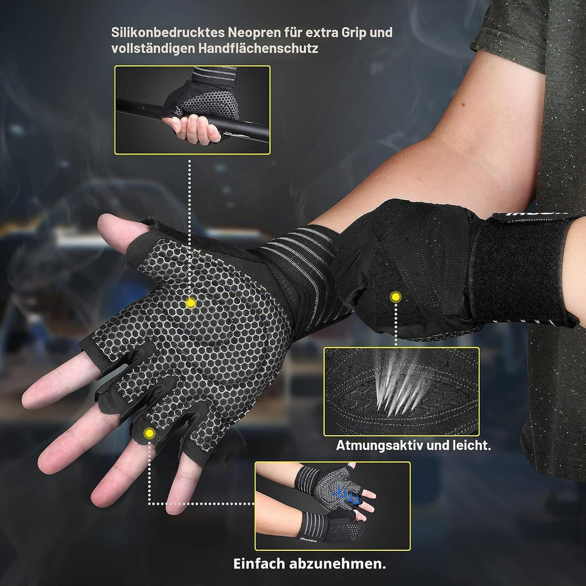 Ventilated Weight Lifting Gym Workout Gloves with Wrist Wrap Support for Men & Women, Full Palm Protection, for Weightlifting, Training, Fitness, Hanging, Pull Ups