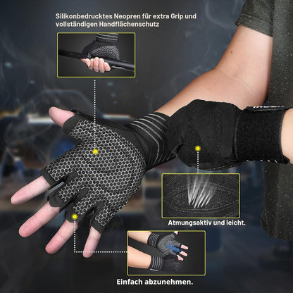 Ventilated Weight Lifting Gym Workout Gloves with Wrist Wrap Support for Men & Women, Full Palm Protection, for Weightlifting, Training, Fitness, Hanging, Pull Ups